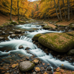 A serene forest river surrounded by vibrant autumn colors, displaying the beauty of fall foliage reflecting in the calm waters.