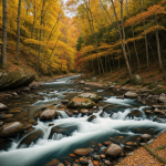 A serene forest river surrounded by vibrant autumn colors, showcasing the beauty of nature with flowing water and fiery fall foliage.