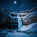 A breathtaking view of a frozen waterfall illuminated by the soft glow of moonlight, showcasing the serene beauty of nature's winter landscape.