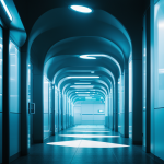A sleek, modern corridor illuminated by futuristic lights, showcasing innovative design and advanced lighting technology for a captivating ambiance.