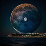 A breathtaking view of a giant moon illuminating the ocean horizon, showcasing the serene beauty of moonlight reflecting on the vast sea at night.