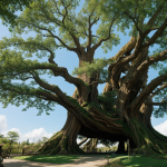 A majestic giant tree in a captivating fantasy world, surrounded by lush foliage and mystical elements, creating a magical landscape.