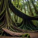 A vast network of giant tree roots spread across the rainforest floor, showcasing the intricate and stunning architecture of nature's ecosystems.