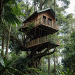 A hidden treehouse nestled in the lush jungle, surrounded by vibrant greenery and offering a serene escape for nature lovers and adventure seekers.