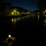 A serene river at night illuminated by the gentle glow of lanterns, casting reflections on the water, creating a magical and tranquil atmosphere.