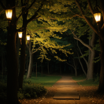 A mesmerizing view of a woodland path illuminated by lanterns, creating a serene and enchanting nighttime atmosphere. The pathway glows warmly in the forest.