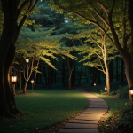 A peaceful path in the woods lit by the warm glow of lanterns, creating an enchanting atmosphere amidst the lush trees.