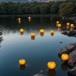 A serene scene of colorful lanterns floating on a calm lake at night, creating a magical and peaceful ambiance with reflections of lights on the water.