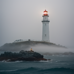 A lighthouse beam cuts through a thick fog, creating a mystical and captivating scene that highlights the beauty of light and nature's elements.