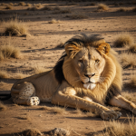 A majestic lion peacefully resting under the vibrant colors of a sunset sky, capturing the essence of wildlife tranquility in the African savannah.