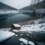 A lonely cabin nestled by a frozen river, surrounded by a snowy landscape, capturing the essence of winter solitude and tranquility.