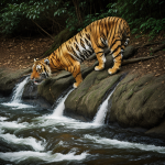 A majestic tiger stands poised by the jungle river, perfectly blending with the lush greenery and reflecting the beauty of its natural habitat.