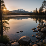A stunning sunrise view over Mirror Lake, with the sun casting a warm glow on the tranquil waters, creating a serene and inspiring natural scene.