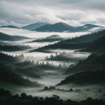 A serene view of mist rolling gently through a lush valley at dawn, creating a tranquil and enchanting natural landscape.
