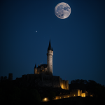 A captivating view of castle towers bathed in moonlight, highlighting their majestic silhouette against a starry night sky.