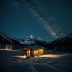 A cozy mountain hut with glowing lights nestled among towering peaks, offering a warm and inviting atmosphere perfect for a serene escape.