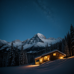 A cozy mountain hut illuminated by glowing lights, nestled among majestic peaks, creating a warm and inviting atmosphere for a serene wilderness escape.