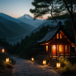 A mystical mountain shrine lantern path, illuminated by ancient lanterns, winding through a tranquil and spiritual landscape.