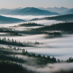 An enchanting view of mystic fog gently rolling over a peaceful valley, creating a serene and mystical atmosphere as light filters through the mist.