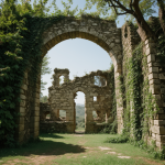 An ancient stone ruin covered with lush green vines, showcasing the timeless beauty and serenity of historic structures entwined with nature.