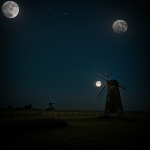 A serene old windmill stands under the gentle glow of the moonlight, casting a magical ambiance and highlighting the timeless beauty of this historic structure.