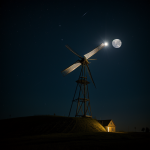 An old windmill beautifully illuminated by the soft glow of moonlight, showcasing the rustic charm and historical architecture under the serene night sky.
