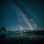 A captivating display of polar lights dancing over a serene mountain lake, casting vibrant colors across the night sky and reflecting in the tranquil waters.