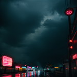A stunning view of rain falling through vibrant neon lights, creating a mesmerizing and dynamic urban scene with reflections and colors.