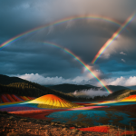 Spectacular view of Rainbow Mountains after rain, showcasing vibrant colors and striking geological formations under a clear sky.