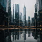 A stunning reflection of towering skyscrapers in the rain, showcasing the blend of urban architecture and nature's calming elements with dynamic city lights.