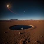 A stunning image of a ringed planet rising above a vast desert landscape, creating a mesmerizing celestial scene under the night sky.