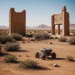 A captivating view of robot ruins in the vast desert landscape, showcasing the fusion of mechanical remnants and natural surroundings.