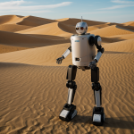 A robot equipped with sensors navigating vast sand dunes, showcasing its ability to traverse challenging desert landscapes.