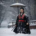 A lone samurai stands gracefully under the gently falling snow, epitomizing elegance and strength in a serene Japanese winter landscape.