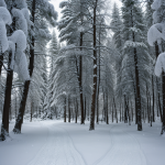 A tranquil forest path covered in pristine white snow, surrounded by tall trees, offering a serene and picturesque winter landscape.