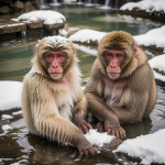 A snow monkey relaxing in a steaming hot spring surrounded by snow, showcasing the natural habitat and unique behavior of these fascinating primates.