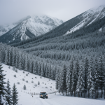 A breathtaking view of a snowstorm engulfing a mountain pass, showcasing the raw beauty and challenges of nature's winter elements.