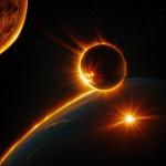 A breathtaking view of a solar flare erupting over Earth, showcasing the sun's powerful energy and its stunning impact on our planet's atmosphere.