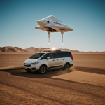 A sleek, futuristic spaceship landing gracefully in a vast desert landscape, showcasing a striking blend of advanced technology and natural beauty.