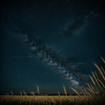 A serene starry night sky stretches over a vast golden wheat field, showcasing the enchanting beauty and tranquility of nature's celestial and rural landscapes.