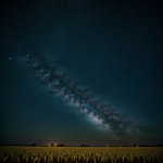 A stunning starry night sky illuminating a vast golden wheat field, showcasing the serene beauty of nature and the celestial wonders above.