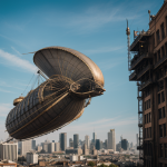 A majestic steampunk airship gracefully flying over a sprawling cityscape, blending Victorian aesthetics with futuristic design elements.
