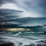 A dramatic storm rolls over a calm coastline, with dark clouds creating a striking contrast against the tranquil sea and sky, showcasing nature's power.