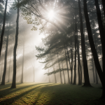 Sunlight shining through foggy trees, creating a mystical and serene forest scene, perfect for capturing nature's enchanting beauty.