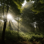 A stunning view of a forest canopy with sunlight filtering through the lush green leaves, creating a serene and enchanting atmosphere.