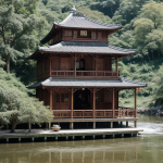 A picturesque tea house nestled by a serene riverbank, surrounded by lush greenery and tranquil waters, perfect for relaxation and tea enjoyment.