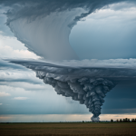 A dramatic tornado swirling over an expansive open plain, showcasing the raw power and beauty of nature in a breathtaking display.