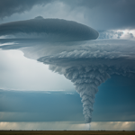 A majestic tornado spirals above open plains, showcasing the raw power and beauty of nature's forces.