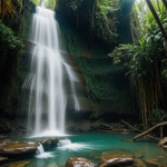 A breathtaking view of a tropical jungle waterfall surrounded by lush greenery, capturing the serene beauty and vibrant colors of nature.