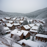 A picturesque village blanketed in snow, with snow-covered rooftops and frosty trees creating a serene winter wonderland.